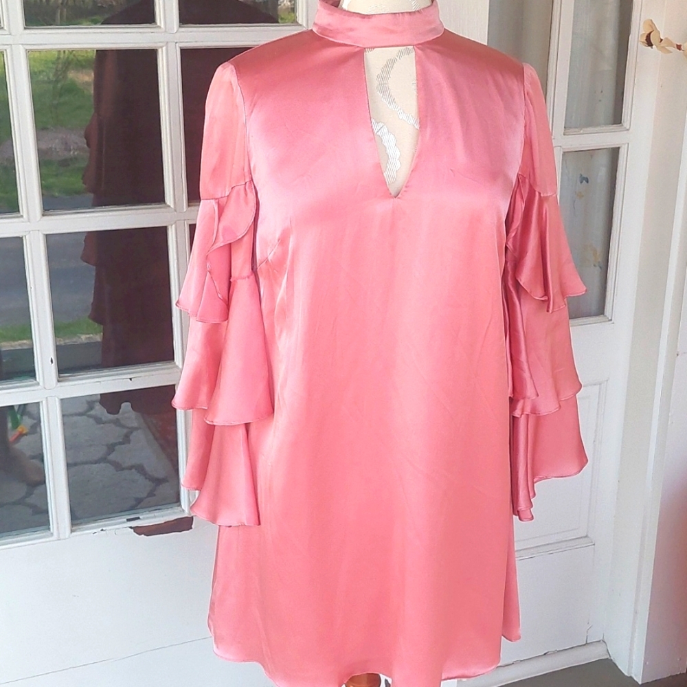Amur Pink Silky Dress with Long Ruffled Romantic Sleeves Size Small